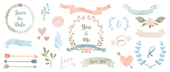 Set of watercolor wedding ornament vector. Romantic collection of ornamental, wreath, leaf branch, ribbon, banner, heart, fonts, flowers, arrow. Marriage element design for invitation, card, prints.