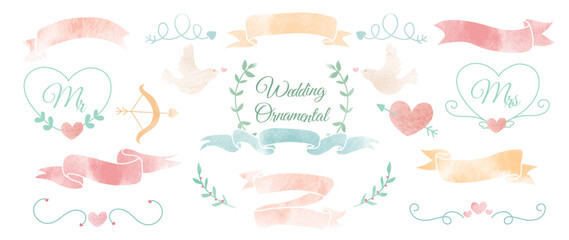 Set of watercolor wedding ornament vector. Romantic collection of ornamental, wreath, leaf branch, ribbon, arrow, banner, bow, heart, fonts. Marriage element design for invitation, card, prints.