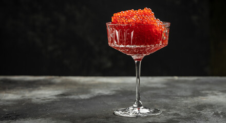 Delicious red caviar in bowl, Close-up salmon caviar. Delicatessen. Gourmet food. Seafood. appetizer, selective focus, place for text,