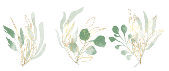Set of watercolor botanical element vector. Luxury foliage collection of leaf branch, eucalyptus leaves, flowers, with gold line art. Elegant collection for wedding, invitation, decorative, card. - obrazy, fototapety, plakaty