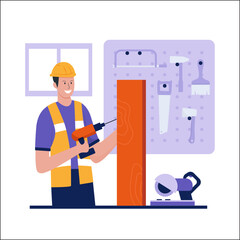 Flat design of man work in carpentry shop. Illustration for websites, landing pages, mobile applications, posters and banners. Trendy flat vector illustration