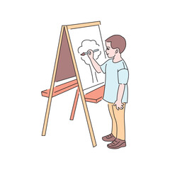 A young boy draws on a tablet color line icon. Pictogram for web page