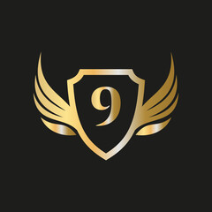 Obraz premium Initial Wing Logo On Letter 9 Alphabet For Transportation Logo Symbol