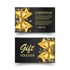 Set of Gift Voucher Card Template Advertising or Sale. template with glitter texture and realistic bow vector illustration