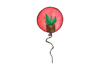 Obraz premium Watercolor surreal balloon, houseplant cactus on white background isolated for your design, hand drawn illustration