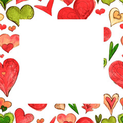 Watercolor template frame red and green heart on a white background for your design, hand drawn illustration