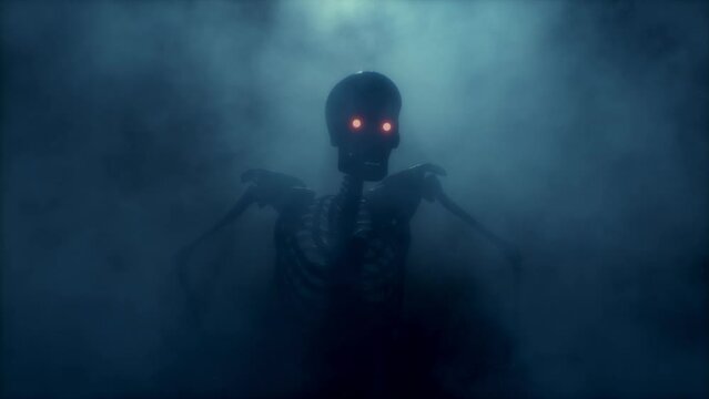 Scary skeleton with glowing eyes is crawling in the fog right at you. Halloween concept.