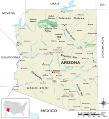 Highly detailed physical map of the US state of Arizona