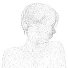 Wireframe of a girl with a short haircut looking to the side from black lines isolated on a white background. Head, neck and shoulders of a girl. 3D. Vector illustration.