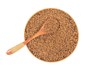Wooden spoon and cup with granulated coffee isolated white background close up. instant coffee