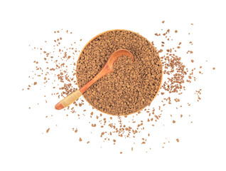 Wooden spoon and cup with granulated coffee isolated white background close up. instant coffee