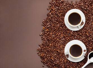 Coffee cup filled with coffee beans on a background of roasted arabica coffee beans