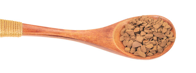 Wooden spoon with granulated coffee isolated white background close up. instant coffee