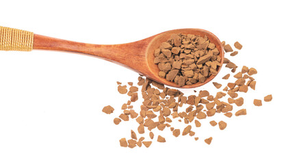 Wooden spoon with granulated coffee isolated white background close up. instant coffee