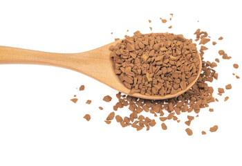 Wooden spoon with granulated coffee isolated white background close up. instant coffee