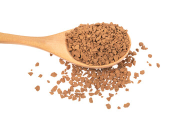 Wooden spoon with granulated coffee isolated white background close up. instant coffee