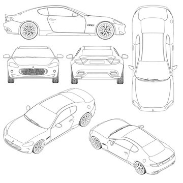 Set with the contours of a sports car from black lines isolated on a white background. Top, side, back, isometric, front view. 3D. Vector illustration.