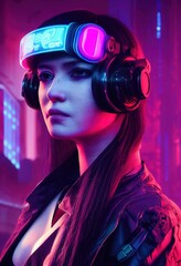 Realistic portrait of a fictional girl with headphones against a background of neon light. A modern girl with a cyber headset. 3D rendering