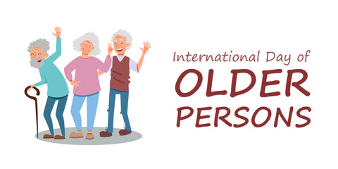 international Day of the Elderly. A group of cheerful friendly old men rejoice and wave their hands. Flat vector illustration in cartoon style.