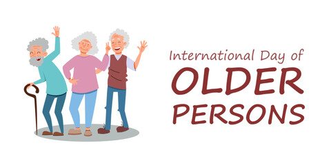 international Day of the Elderly. A group of cheerful friendly old men rejoice and wave their hands. Flat vector illustration in cartoon style.
