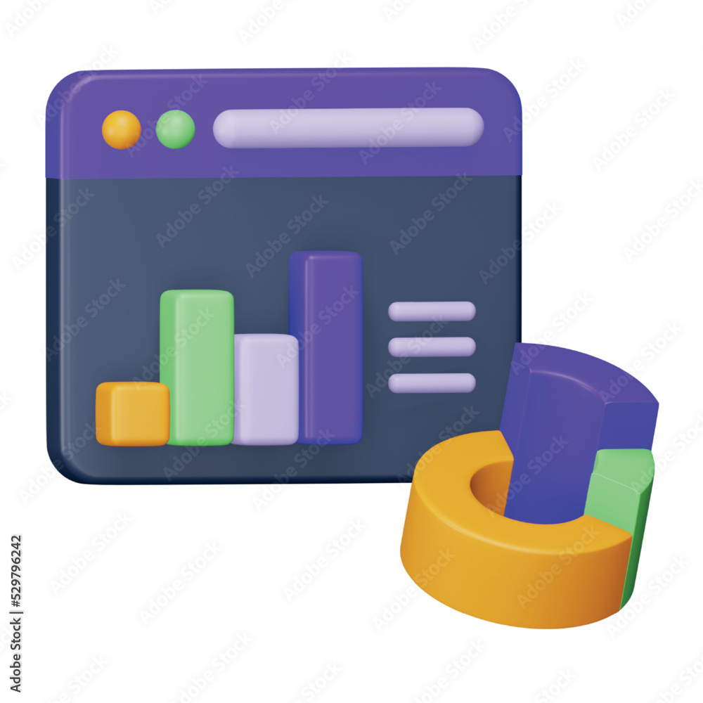 Poster browser internet pie chart graph 3d rendering isometric icon.