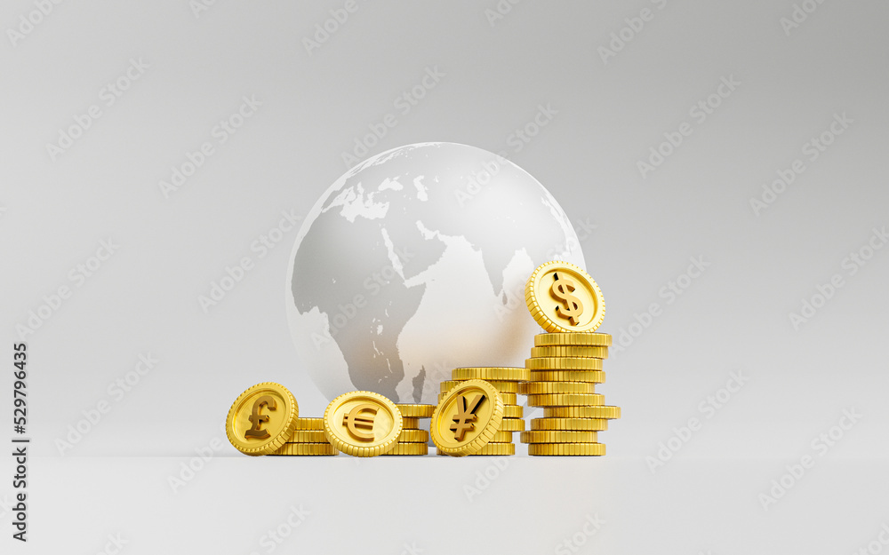 Poster isolate currency on golden coin stacking include dollar euro pound sterling yen and yuan with world 