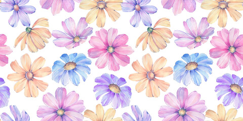 Fototapeta na wymiar Delicate flowers collected in a seamless pattern. Seamless botanical pattern on a white background. Abstract floral ornament for design.
