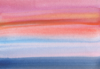 Saturated red magenta and blue color background. Abstract watercolor drawing of a sunset. Decorative pattern background.