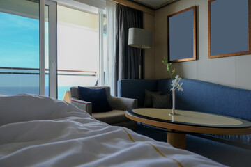 Luxurious ocean view or oceanview or outside or exterior balcony veranda cabin suite on luxury...