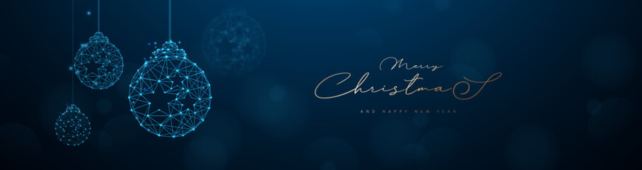 Merry Christmas and Happy New Year. Blue Christmas ball, baubles, and star. Low polygon model design. Vector illustration