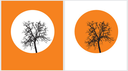 Simple Hand Drawn Vector Illustrations with Black Winter Trees in a Round Shape Frame on a White and Orange Background. Sunset in a Autumn Forest. Leafless Trees Modern Print ideal for Wall Art.