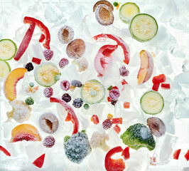 Background of frozen sliced vegetables on ice. Stocks of food consept. Top view.