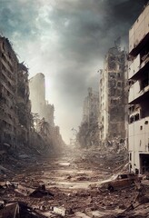 A post-apocalyptic ruined city. Destroyed buildings, burnt-out vehicles and ruined roads. 3D rendering - 529797493