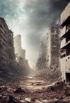 A post-apocalyptic ruined city. Destroyed buildings, burnt-out vehicles and ruined roads. 3D rendering