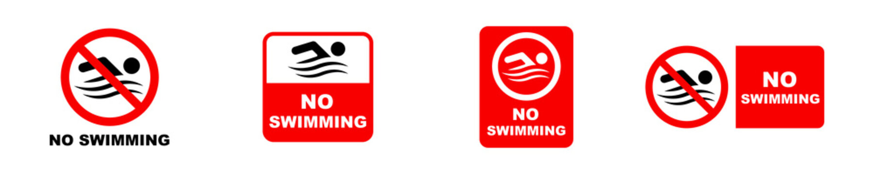 Set of no swimming vector sign. Red forbidden sign for swimmer. Warning signboard. 