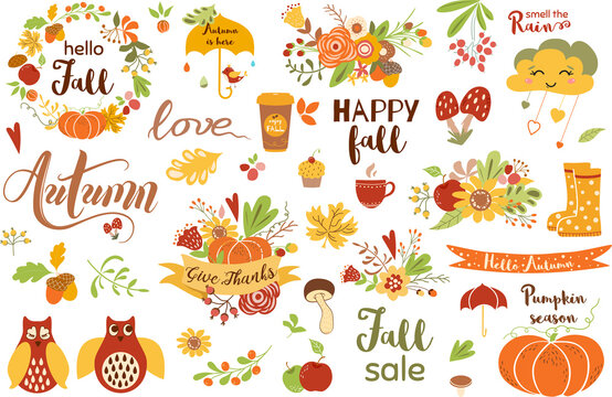  PNG, transparent Autumn set Cute hand drawn fall elements- calligraphy fall leave owls wreath pumpkin ribbon bouquet branch phrases Autumn clip art for web card poster cover tag invitation sticker