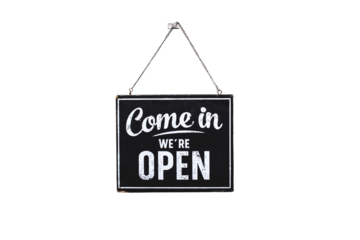 Text on vintage black sign "Come in we're open" isolated on white background,With clipping path.