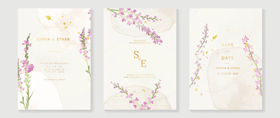 Fototapeta na wymiar Luxury botanical wedding invitation card template. Minimal watercolor card with leaves branches, foliage, wildflowers. Elegant blossom vector design suitable for banner, cover, invitation.