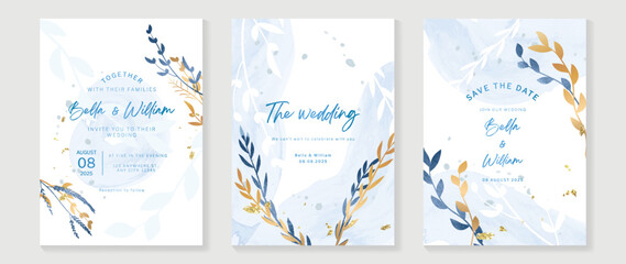 Luxury botanical wedding invitation card template. Minimal watercolor card with leaves branches, foliage, wildflowers, blue color. Elegant blossom vector design suitable for banner, cover, invitation.