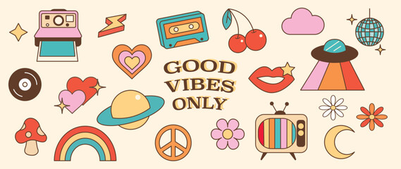 Set of 70s groovy element vector. Collection of flowers, cherry, rainbow, disco ball, thunder, retro television, tape, heart. Cute retro groovy hippie element design for decorative, sticker, prints.