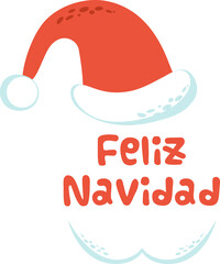  PNG, transparent, Merry Christmas text in Spanish. Feliz Navidad. Red cap and moustaches Santa Claus on snowy dark background Hand drawn cute funny banner with Santa hat. Graphic drawing. 