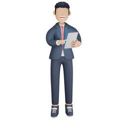 Businessman checking tablet 3d character illustration