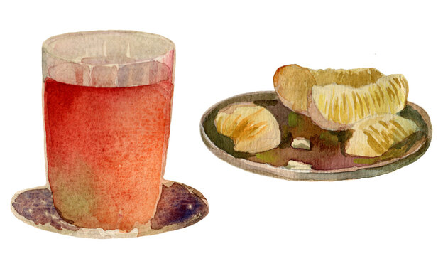 Vintage watercolor painting 11, still life illustration with a tea in a faceted glass cup and a metal saucer with sliced lemon, isolated on a transparent background