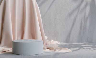 stone podium display for product presentation with shadow of leaf background. Cosmetic background, 3d illustration