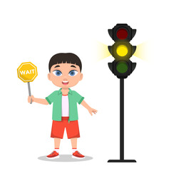 Schoolboy with a waiting sign. The traffic light shows a yellow signal. vector illustration