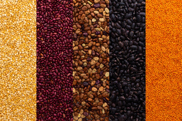 Different types of legumes, yellow peas and lentils, red, black and brown beans, top view