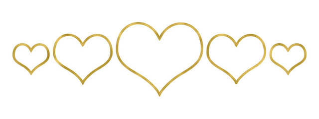 Five golden outline  heart shapes in a row. Isolated png illustration, transparent background. Asset for overlay, pattern, cards, montage, collage or mark making. Love concept.	