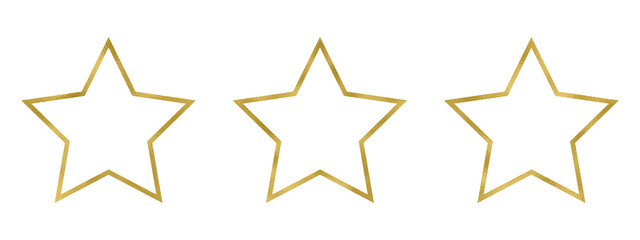Obraz premium Three golden stars in a row, outline gold border. Isolated png illustration, transparent background. Asset for overlay, texture, pattern, montage, collage, shape, greeting, invitation card.