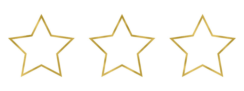 Three golden stars in a row, outline gold border. Isolated png illustration, transparent background. Asset for overlay, texture, pattern, montage, collage, shape, greeting, invitation card.
