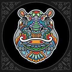 Colorful Hippopotamus zentangle arts isolated on black background